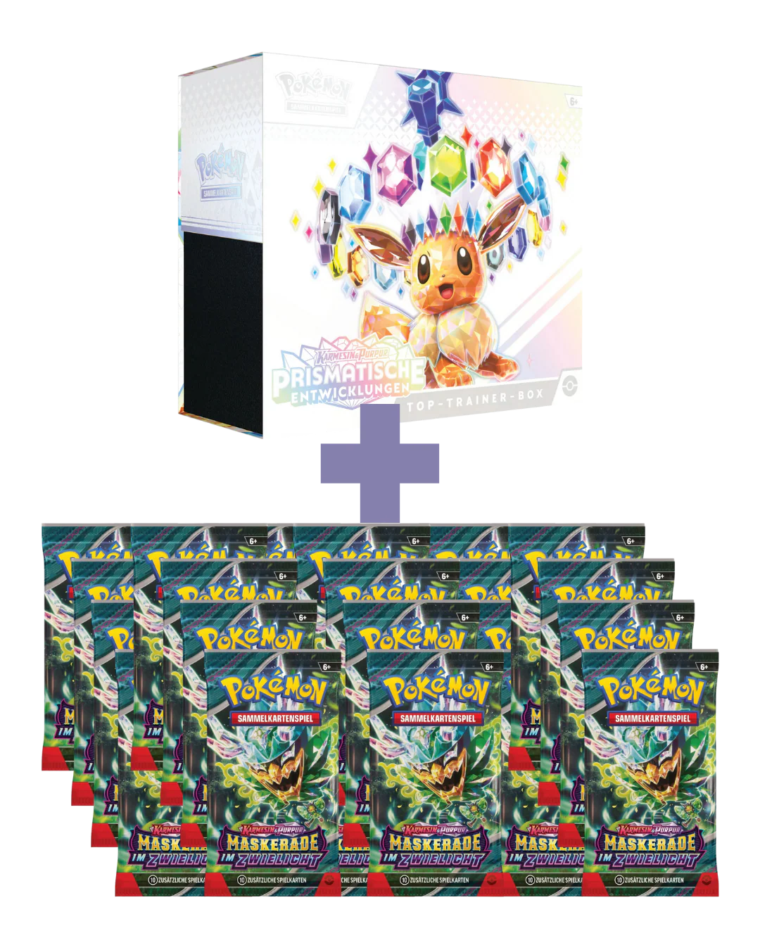 Pokémon TCG - Prismatische Entwicklungen Top Trainer Box + 24 Maskerade im Zwielicht Booster [DE]